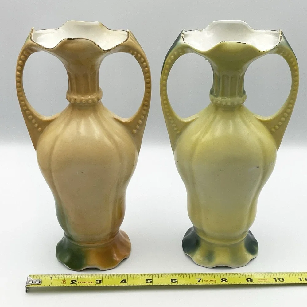Antique Pair German Porcelain Scenic Mountain Landscape Double Handle Vases 10